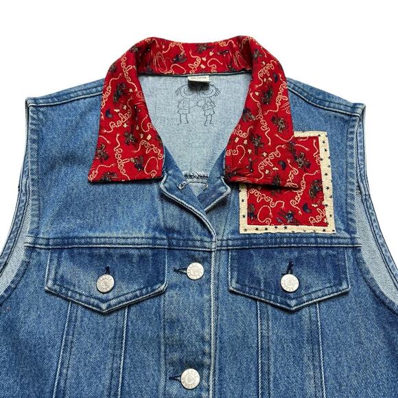 Vintage USA Made Denim Vest Western Cowboy Boot Patch Red Bandana Accents Size M - Picture 9 of 12